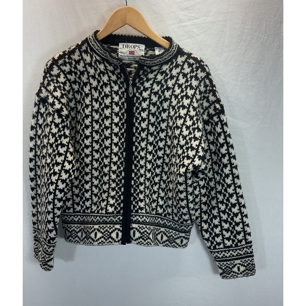 Vtg‎ Handmade Womens Norwegian wool cardigan Full Zip Black Ivory Pattern Soft